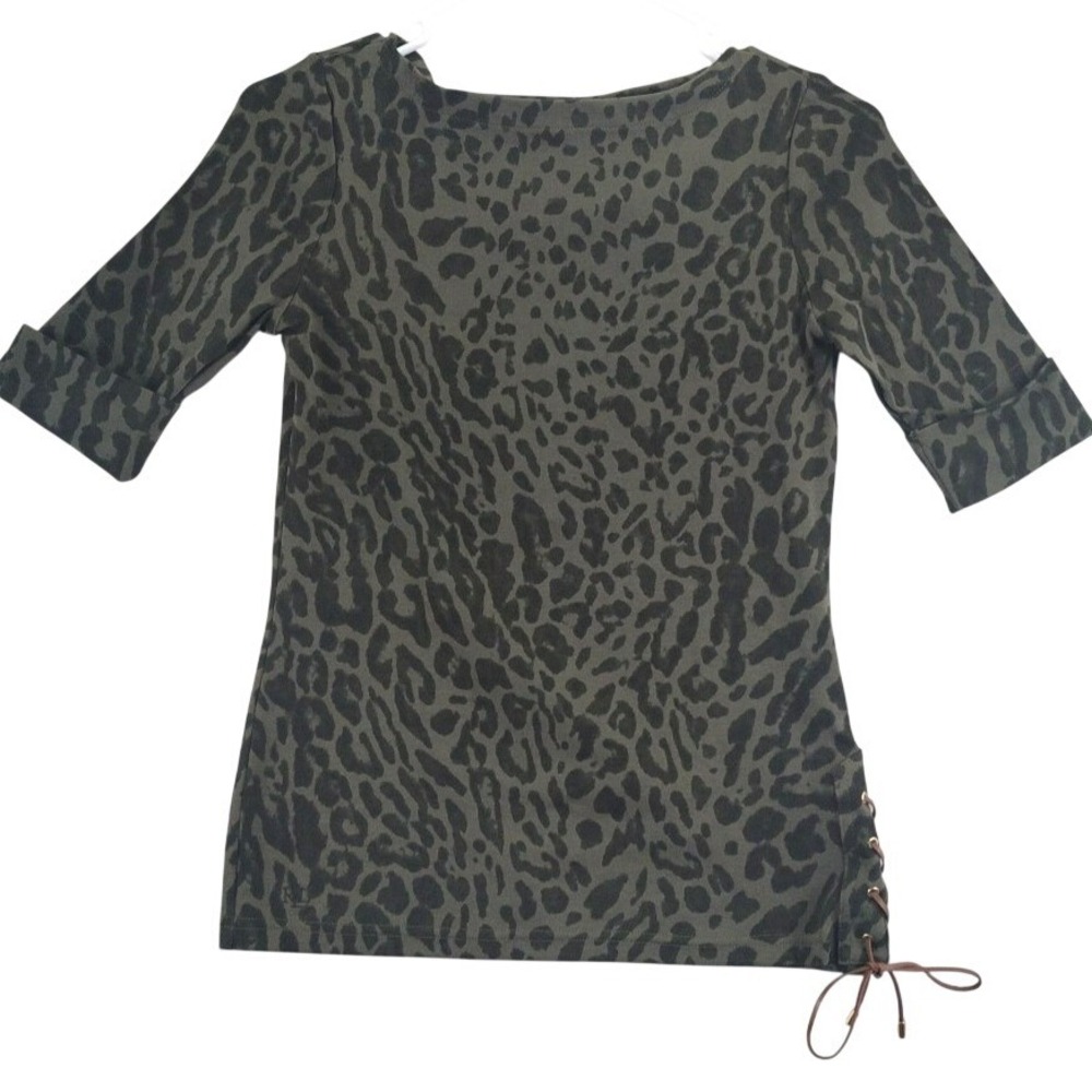 Lauren Ralph Lauren Womens Leopard Print Lace‎ Up Side Knit Top XS Green Black